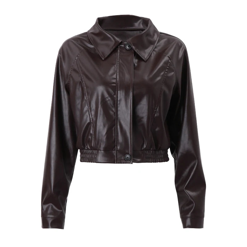 Hnewly PU Faux Leather Jacket Aesthetic Fashion Streetwear Turn-down Collar Coat Women Autumn Casual Simple Long Sleeve Coats