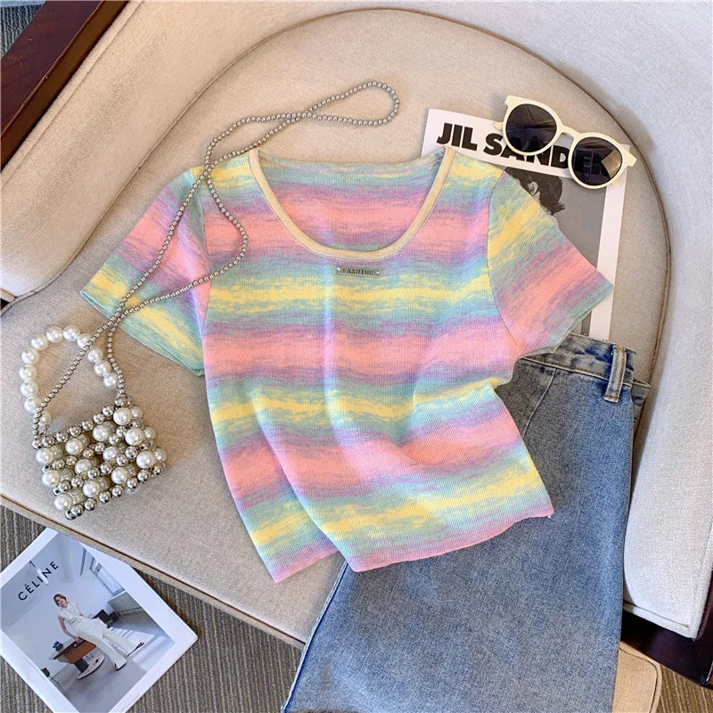 Hnewly  Contrast Striped T-shirt For Women's Summer Knitted Short Sleeved Tee  Cool Girls Fashion High Street Square Collar Short Top