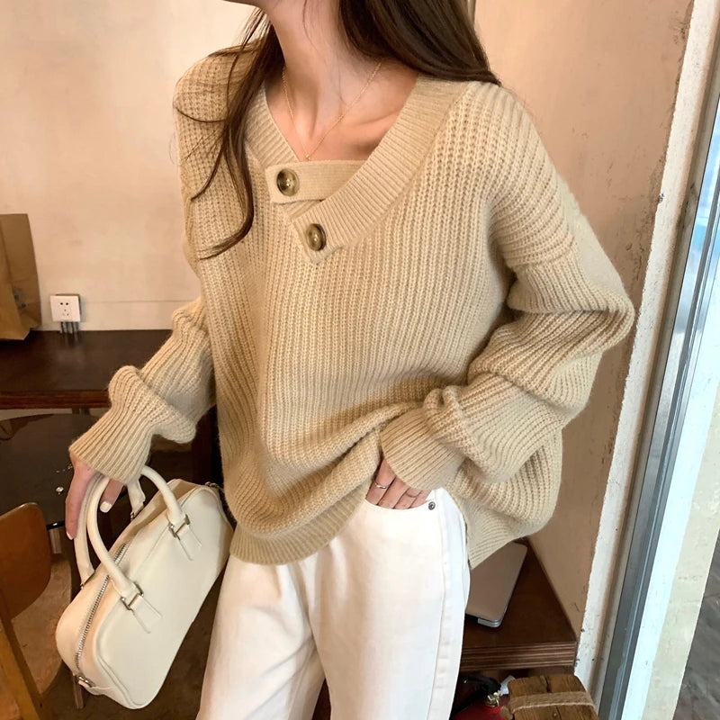 Hnewly  V-neck Knit Pullover Women Slouchy Long Sleeve Drop Shoulder Sweater with Buttoned Strap Cozy Knitwear Autumn Winter Chic Outfit