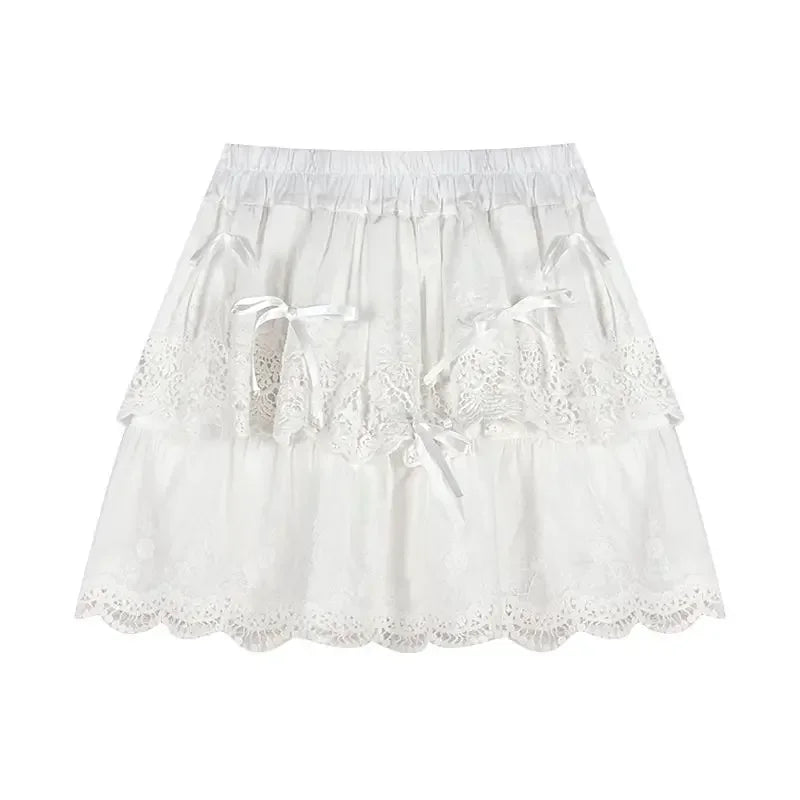 Hnewly Coquette White Lace Short Skirt Ruffle Women Sweet Bow Kawaii Mini Skirts Patchwork Layered A-line Aesthetics Skirt