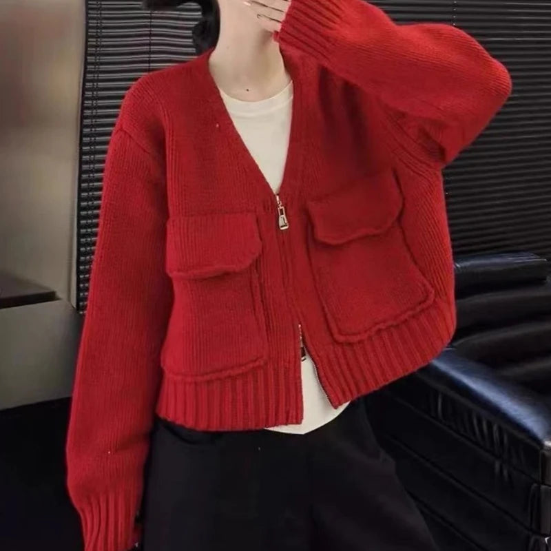 Hnewly  Women's Zip Up Knit Cardigan with Pocket V-neck Zipper Front Crop Sweater Jacket Female Teen-girl Autumn Winter Y2K Outfit