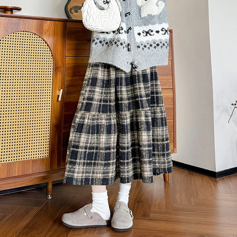 Hnewly  Japanese Vintage Woolen Plaid Skirts Women Autumn Winter High Waist A Line Midi Skirts Woman Korean Loose Thick Long Skirts