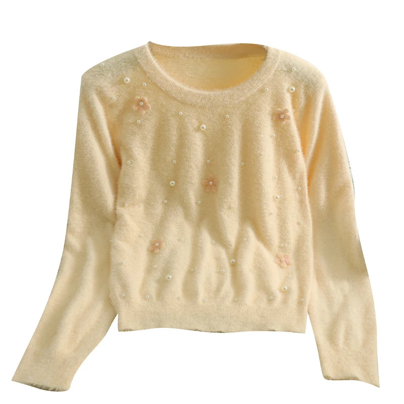 Hnewly  Women's Short Sweater Autumn Winter Fashion Beaded Slim Long Sleeve Pullover Korean Versatile O-neck Loose Knitted Tops