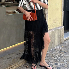 Hnewly Summer New Irregular Black Sexy Design Lace High Waist Slimming and slimming Split Skirt