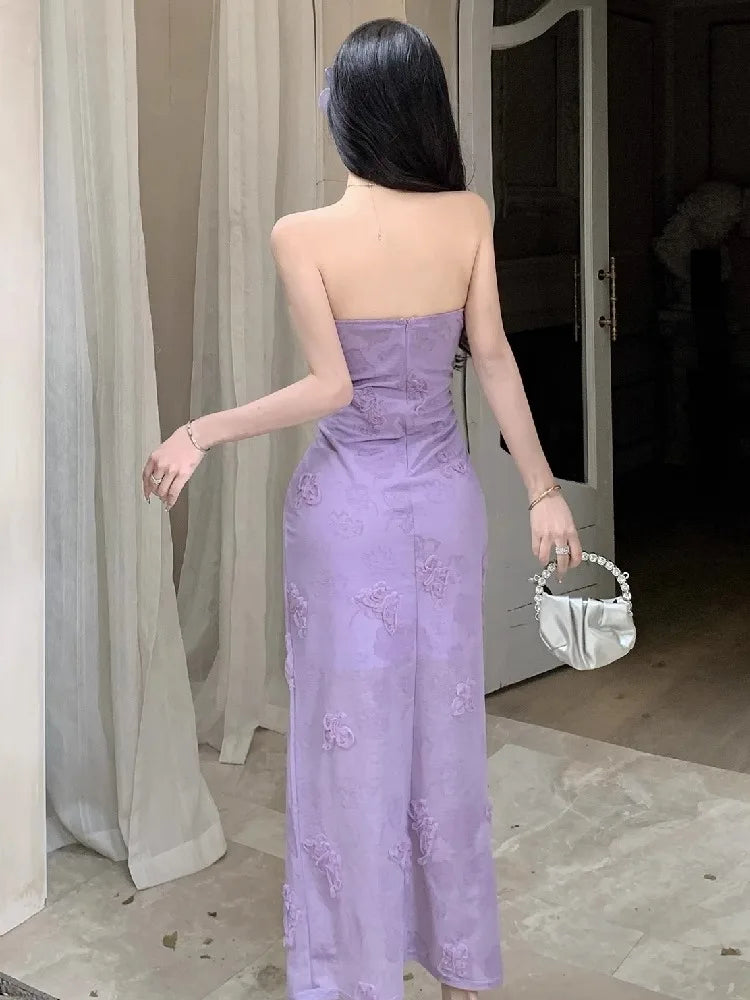 Hnewly  Woman Dress Sweet Sexy Strapless Flowers Slim Backless Vintage Elegant Summer Fashion Party Female Dresses Casual