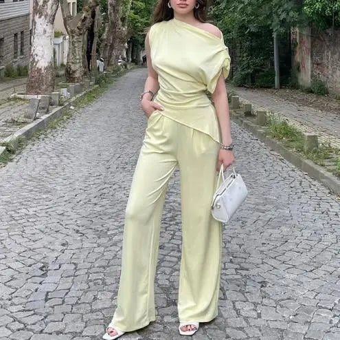 Hnewly  Women's Elegant Satin Two Pieces Set One Shoulder Detail and High Waist Straigh Pants  Solid Color Set