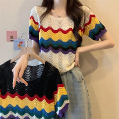 Hnewly  Korean Sle ort Sve Knitted Top Hollow out Dstring Design Summer New Version Retro  Length Women's Faion