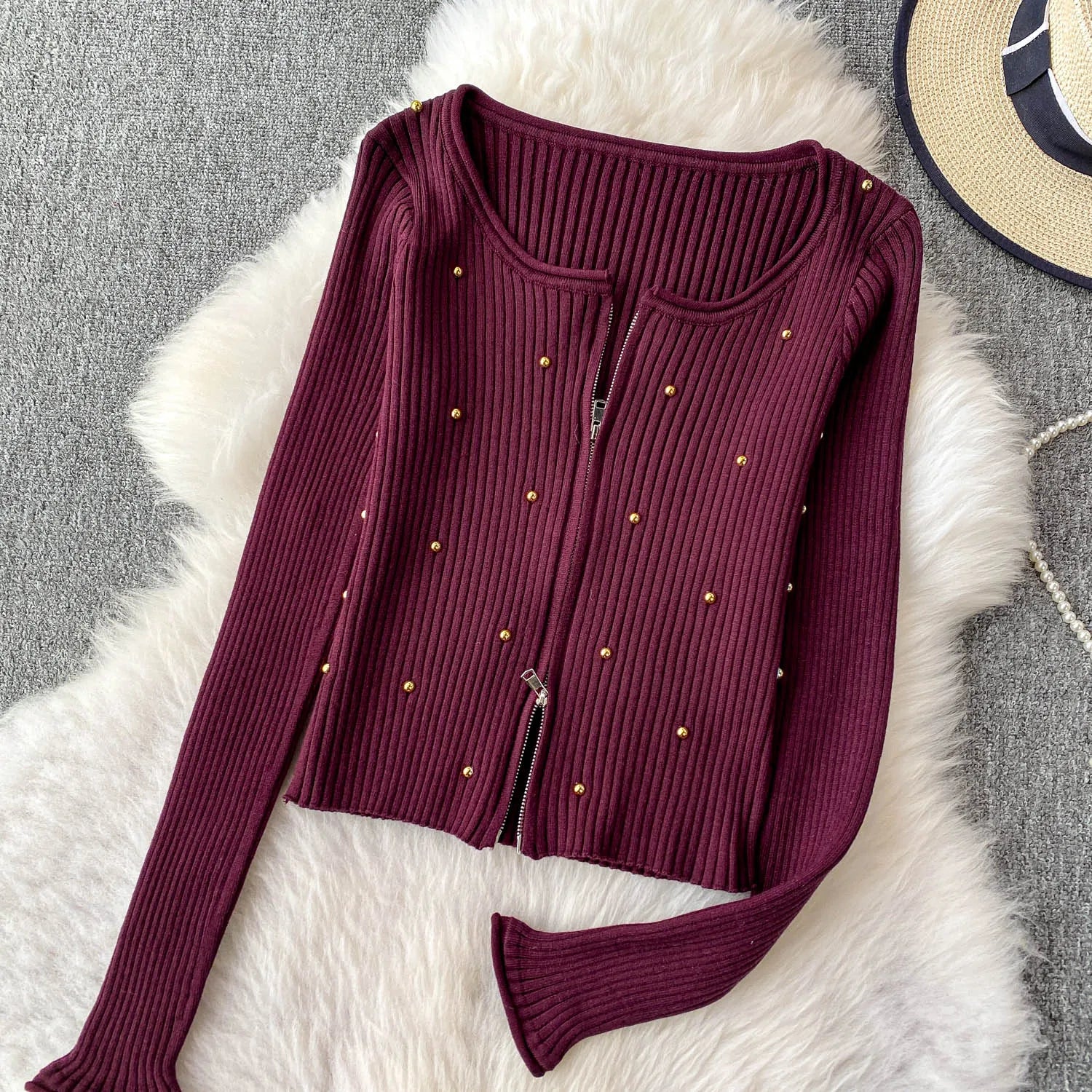 Hnewly  Beading Knitted Striped Zippered Sweater Cardigan Women's Spring Autumn O-Neck Top New Loose Harajuku Long Sleeved Outwear