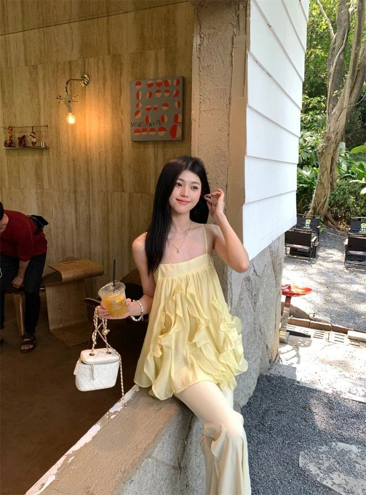 Hnewly  Camis Women Sweet Ruffles Patchwork Slash Neck Backless Summer Fashion Solid Tank Tops Female French Style Chic