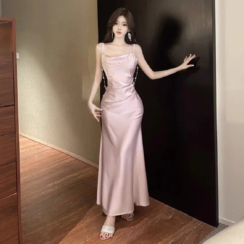 Hnewly  Sexy Dresses Women Sleeveless Slash Neck Satin Elegant Slim Summer Fashion Temperament Party Dress Female Sexy Backless