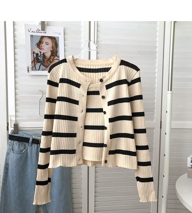 Hnewly  Women's Striped Knitting Cardigan Single Breasted Long Sleeved Sweater+Spaghetti Straps Vest Spring Autumn Korean Top 2pcs