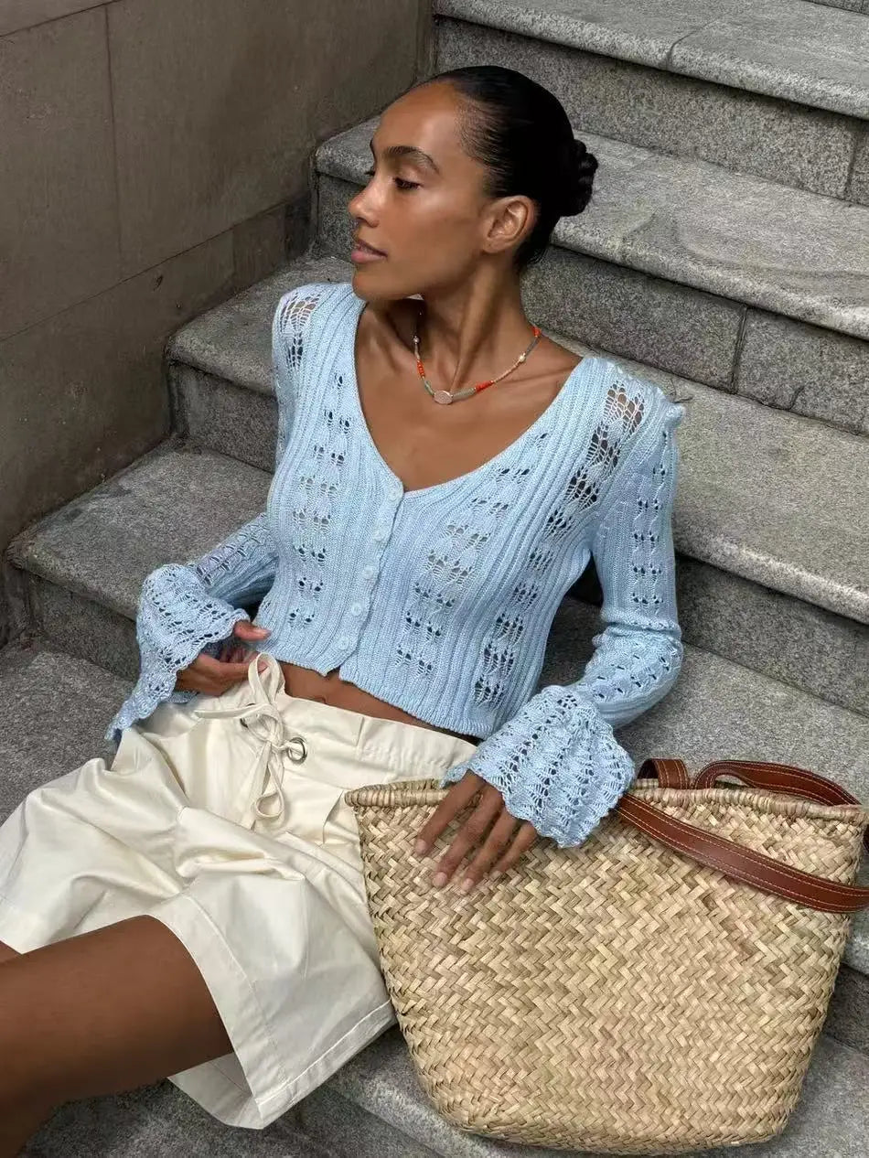 Hnewly New Knit Flare Sleeve V-neck Hollow Out Short Coat Fashion Casual Button Transparent Summer Cardigan Top Cover-up Jacket