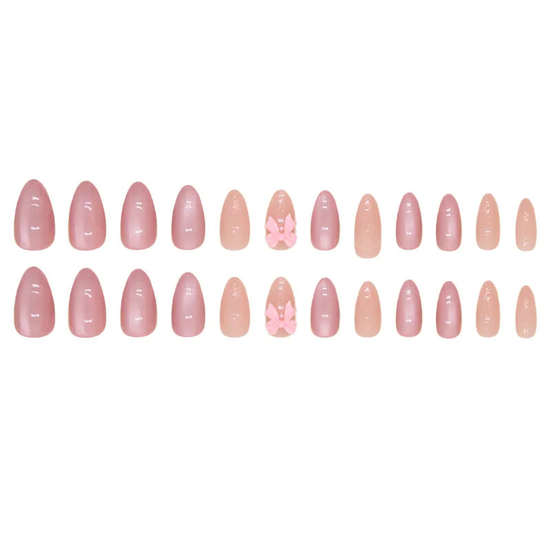Hnewly 24pcs Pink Bow Design Glossy Press on Nails Wearable Detachable Almond Fake Nail Tips for Girls Lady Korean Sweet False Nails