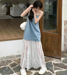 Hnewly  Fashionable Splice Denim Look Strap Dress Women's Style Spring Silk Long Dress Sweet Youthful A-Line Skirt No Sleeve Mid-Waist