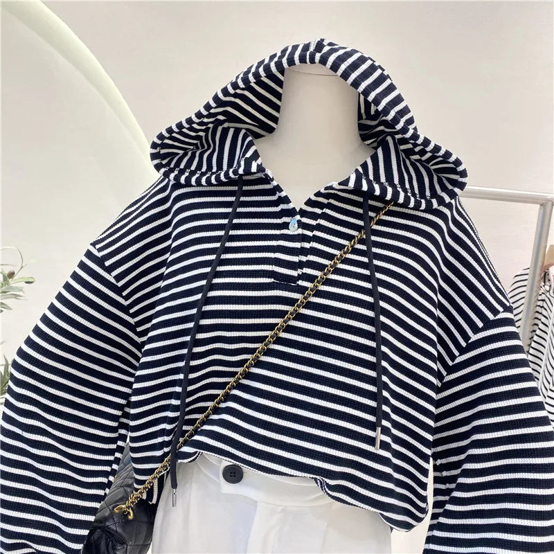 Hnewly  New Striped Hoodie Sweatshirt Women's Spring Autumn 2025 Fashion Preppy Style Retro Long Sleeve Top Loose Pullover Jacket