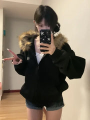 Hnewly Black Zip Up Hoodies Women Vintage Preppy Style Faux Fur Coat Korean Oversized Casual Sweatshirt Harajuku Autumn Winter