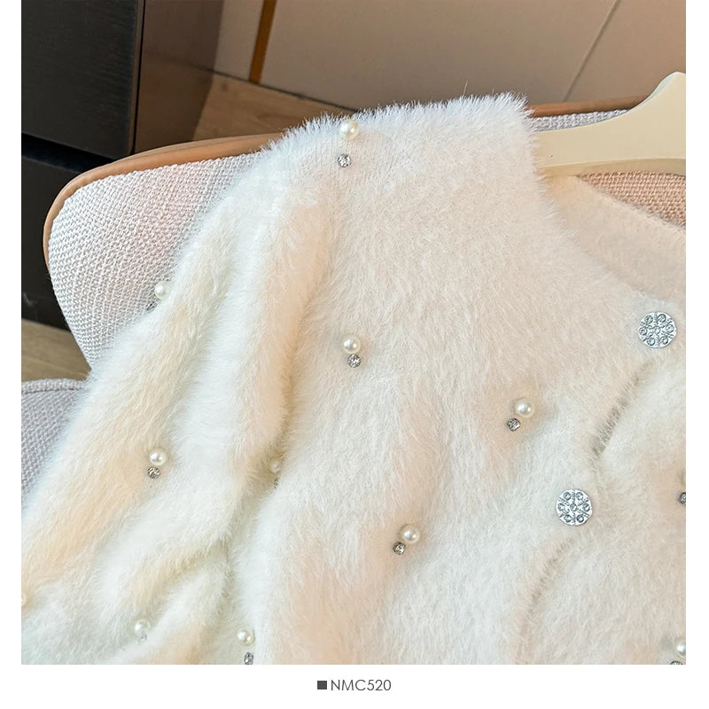 Hnewly  Beading O-Neck Plush Long Sleeved Sweater  Women's Autumn Loose Soft Glutinous Knit Cardigan Elegant Single Breasted Short Top