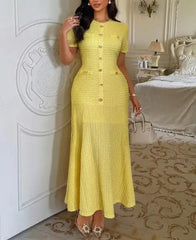 Hnewly  Elegant Temperament Solid Color Short Sleeved Hip Hugging Women's Dress