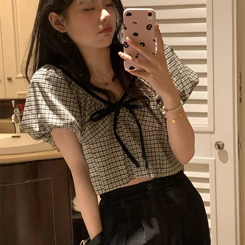 Hnewly Blouses Women Plaid Summer Vintage Fashion V-neck Simple Short Puff Sleeve Leisure Bandage Slim All-match Streetwear Blusas