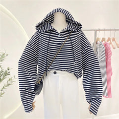 Hnewly  New Striped Hoodie Sweatshirt Women's Spring Autumn 2025 Fashion Preppy Style Retro Long Sleeve Top Loose Pullover Jacket
