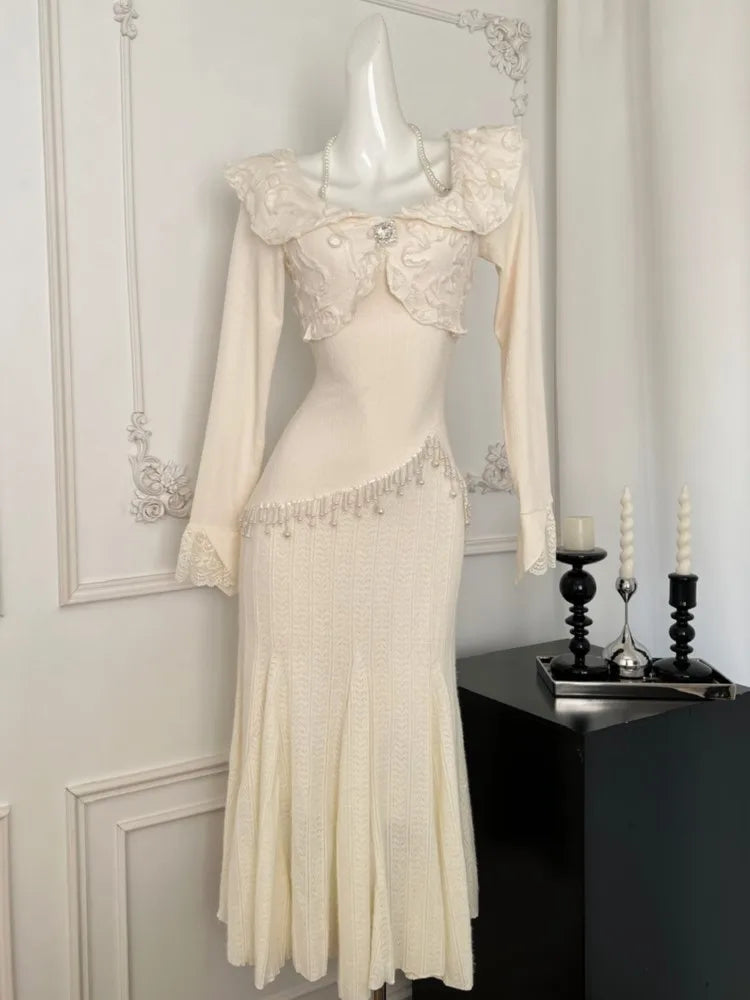 Hnewly Women Autumn Spring Elegant Lace Mermaid Dres Slim Waist  Vestidos Vintage Chic Evening Party Robe New