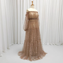 Hnewly  Brown Pearl Sequin Transparent Mesh One Shoulder Dress Maternity Dress Photoshoot Props Pregnant Women Photography Dress