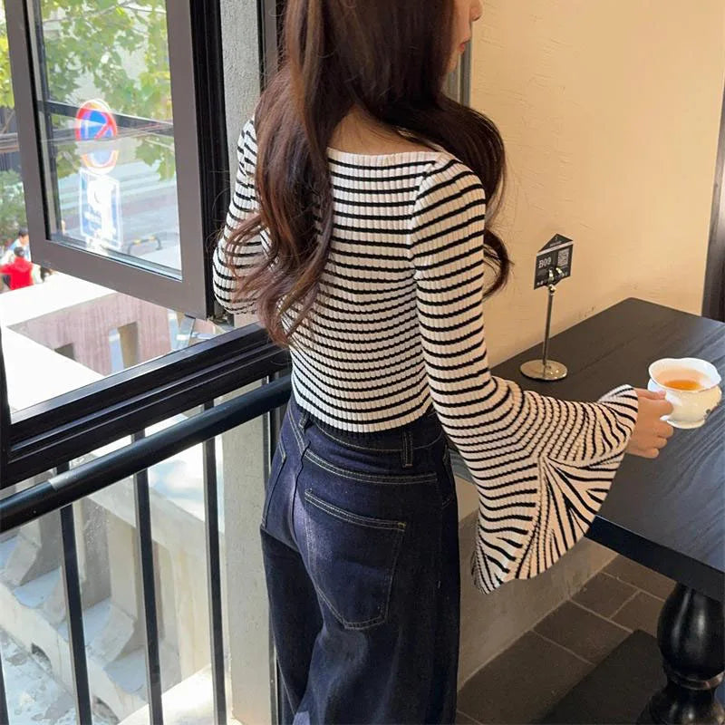 Hnewly y2k Knit Top Women Clothes Elegant Striped Off Shoulder Flared Long Sleeve T Shirt 2000s Aesthetic Clothing Streetwear