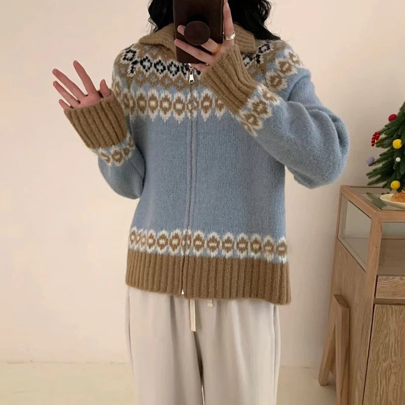 Hnewly  Zip Up Fair Isle Sweater Cardigan Thick Warm Knit Zipper Front Sweater Jacket Cozy Knitwear Teen-girl Fall Winter Vintage Outfit
