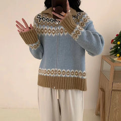 Hnewly  Zip Up Fair Isle Sweater Cardigan Thick Warm Knit Zipper Front Sweater Jacket Cozy Knitwear Teen-girl Fall Winter Vintage Outfit