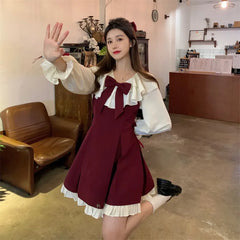 Hnewly Long Sleeve A-line Dress Women Princess Ruffles Bow Contrast Color Age-reducing Autumn Elegant Girlish Attractive Korean Style