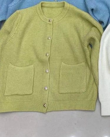 Hnewly  Temperament O-Neck Short Waffle Sweater Autumn/Winter French Elegant Long Sleeve Knitted Cardigan Women's Solid Versatile Coat