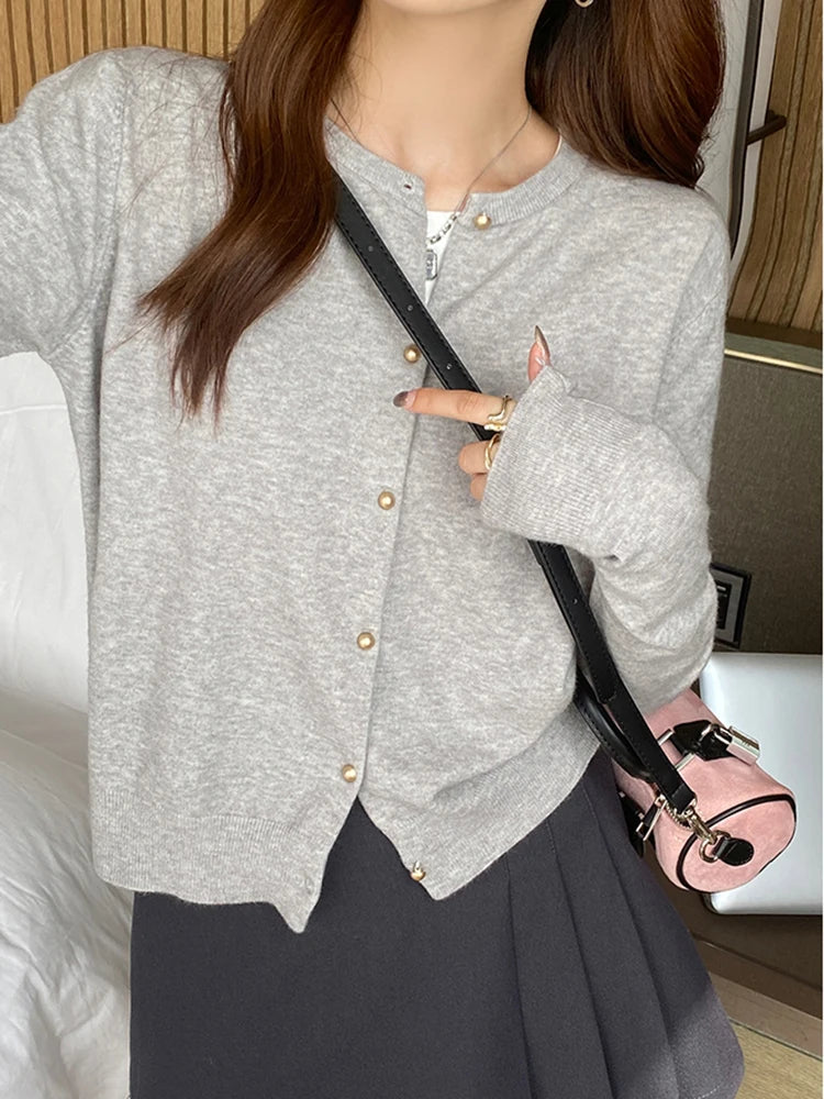 Hnewly  Gold Button Long Sleeve Sweaters Cardigan for Women Spring Autumn O-Neck Button-up Knit Jacket Tops Knitwear Basic Tops