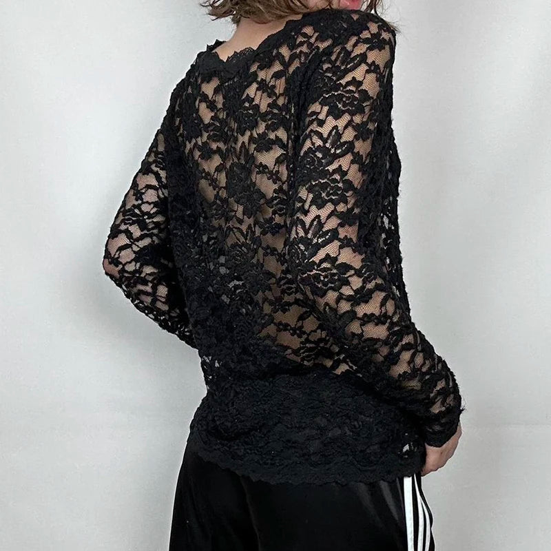 Hnewly Sexy Black Lace Crop Top Solid Transparent Button-up T-shirt Smock Women Full Sleeve V-neck Club Tees Shirts Y2k Vintage