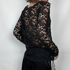 Hnewly Sexy Black Lace Crop Top Solid Transparent Button-up T-shirt Smock Women Full Sleeve V-neck Club Tees Shirts Y2k Vintage