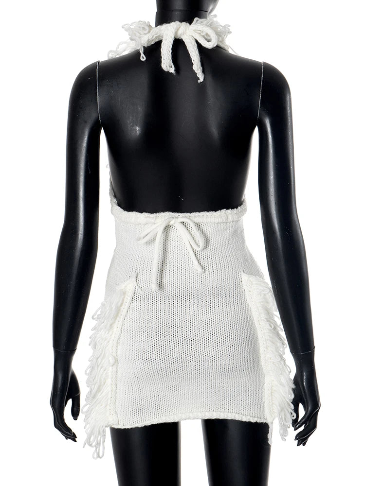 Hnewly Crochet Halter Dress Women Low-Neck Bandage Backless Stretch Tassel Skinny Sleeveless Street Elegant Mini Bodycon