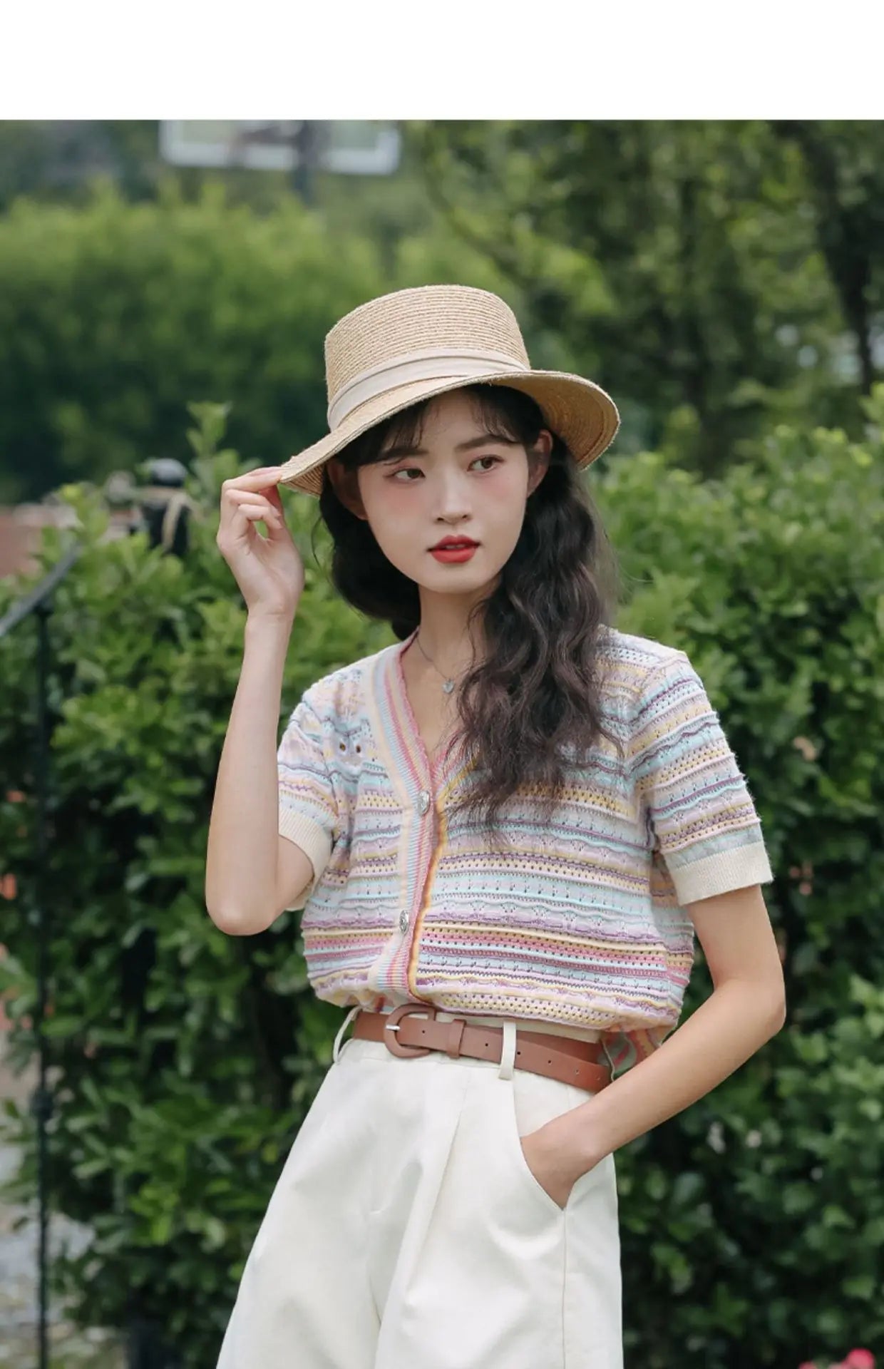 Hnewly Rainbow Striped Knitted Sweater For Women's 2025 Summer New  Thin Short Sleeved V-neck Hollow Out Holiday Sun Protection Top