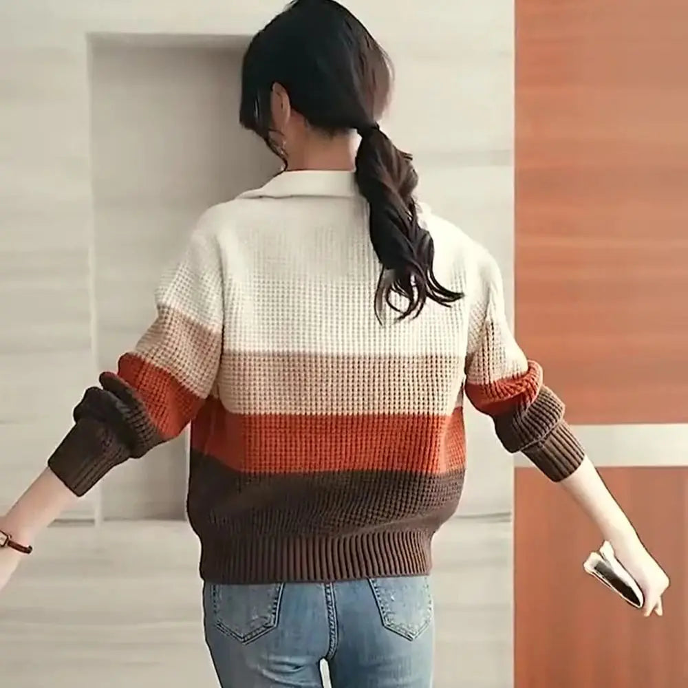 Hnewly  Knitted Stripe Sweater Women's Lapel V-neck Autumn Winter 2025 New Contrast Color Versatile Knitwear Long Sleeve Pullover Tops