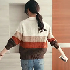 Hnewly  Knitted Stripe Sweater Women's Lapel V-neck Autumn Winter 2025 New Contrast Color Versatile Knitwear Long Sleeve Pullover Tops