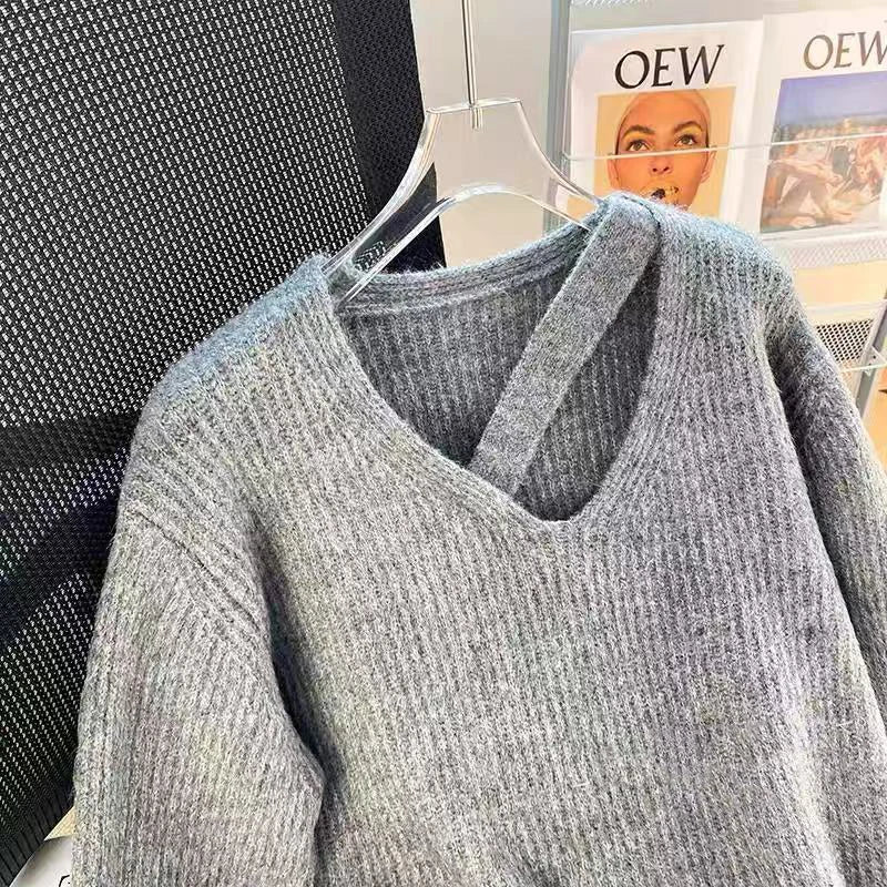 Hnewly Autumn V Neck Hollow Out Knit Sweater Women Winter Warm Casual Solid Jumpers Korean Loose Simple Female Pullovers Sweater New
