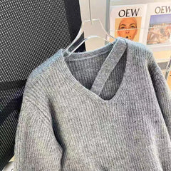 Hnewly Autumn V Neck Hollow Out Knit Sweater Women Winter Warm Casual Solid Jumpers Korean Loose Simple Female Pullovers Sweater New