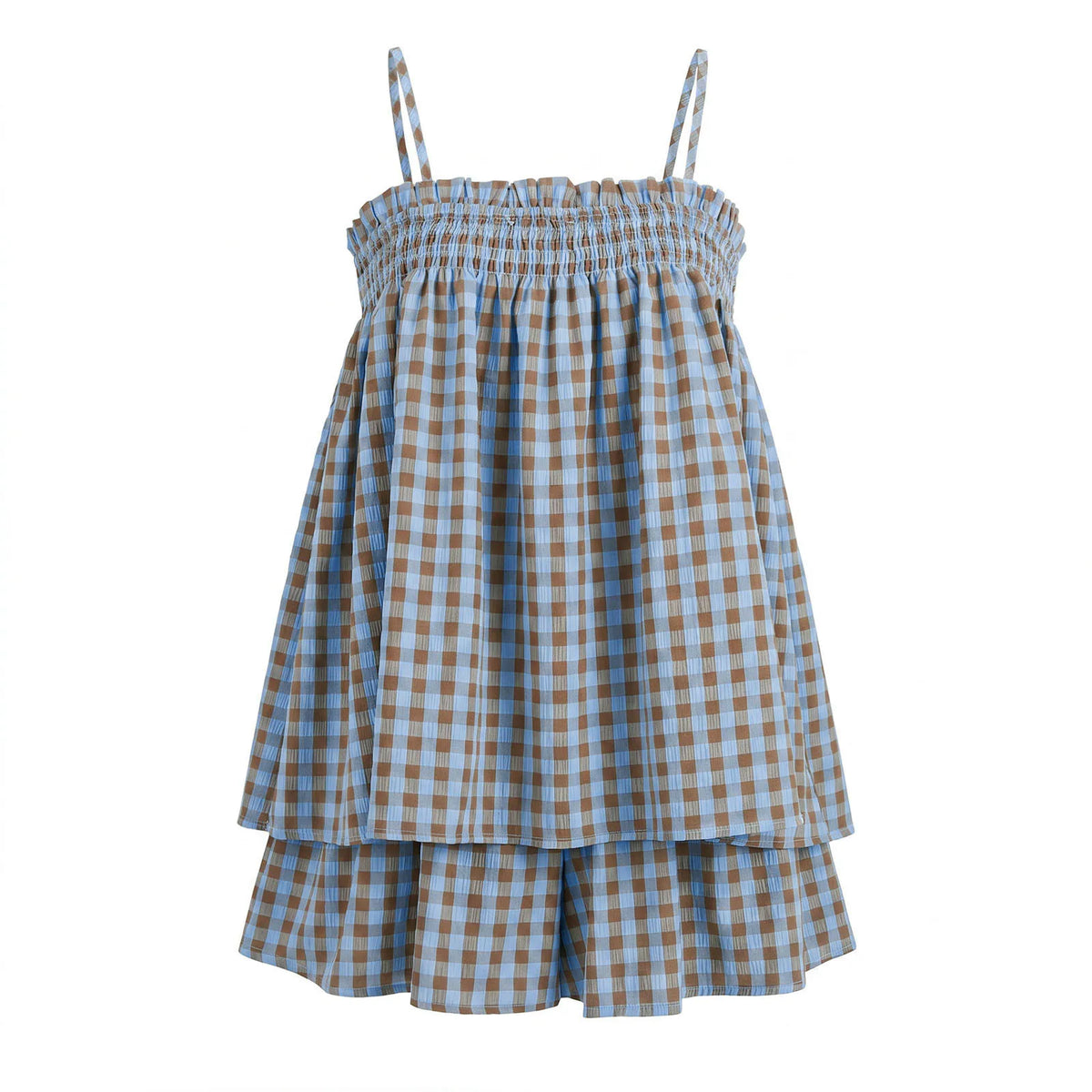 Hnewly  Women's Gingham 2 Piece Pajamas Set Smocked Flowy Peplum Babydoll Cami Top + Wide Leg Shorts Summer Loungewear Outfits