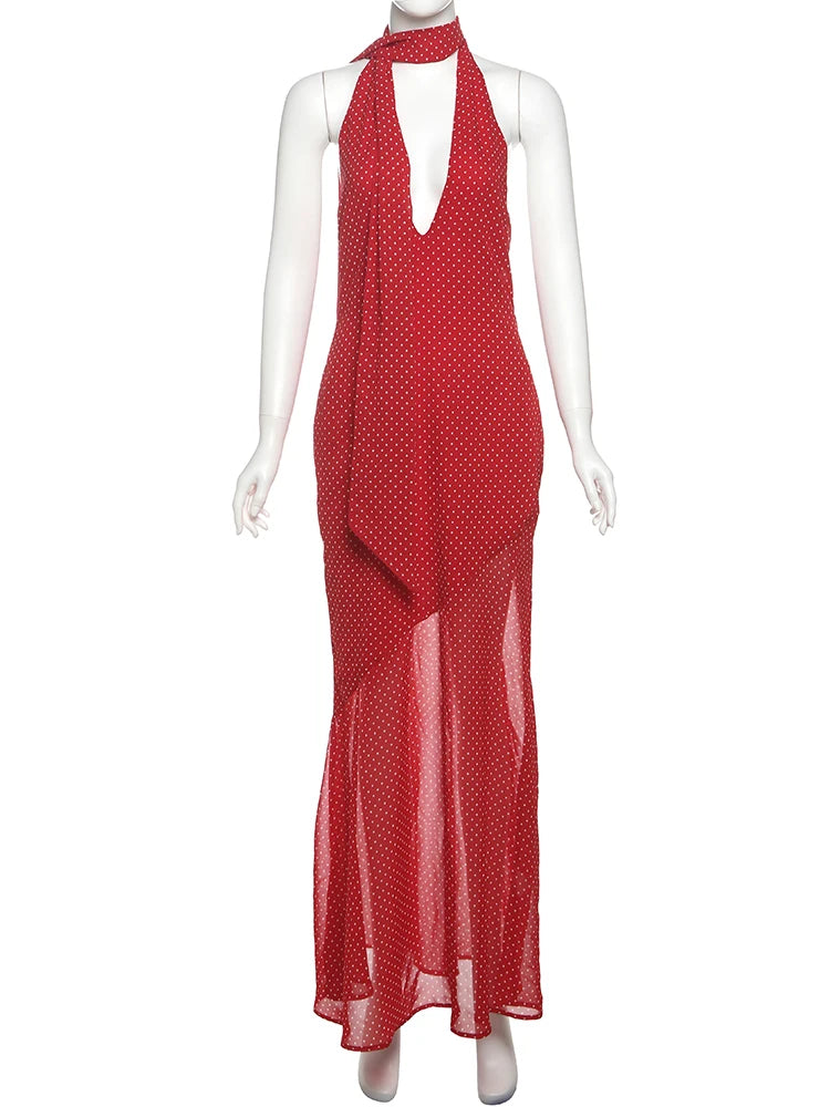 Hnewly  Polka Dot Print Fashion Maxi Dress Women Scarf+Halter Low-Neck Bandage Backless Robe Vacation Trend Elegant Vestidos