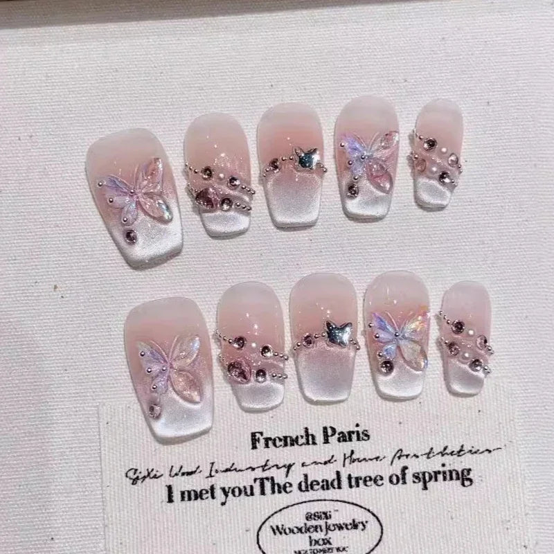 Hnewly 10Pcs Handmade Press on Nails Full Cover Shiny Cat Eye Butterfly Design Pink False Nails French Square Ballet Wearable Manicure