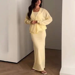 Hnewly  Women's Elegant Soft Two-Piece Set Long Sleeve Multi Button Coat  and Sleeveless Strap Dress Design for Leisure Wear ﻿