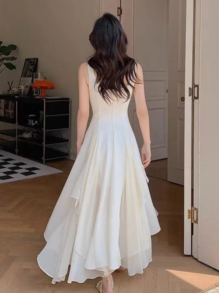 Hnewly Elegant Women White Spaghetti Strap Midi Dress French Ruffles Slim Waist A-line Pleated Vestidos Vintage Evening Party Robe