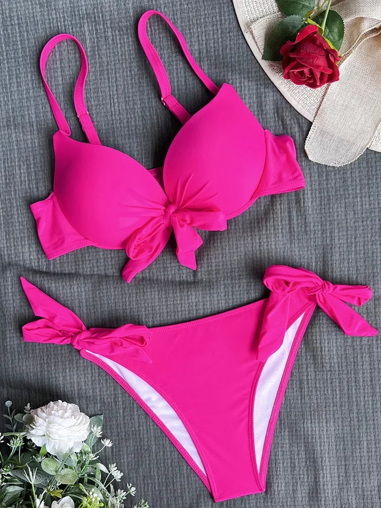 Hnewly  Sexy Knotted Underwired Bra Cup Bikini Women Swimsuit Female Swimwear Two-pieces Bikini Set Push Up Bikinis Bathing Suit Swim