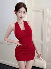 Hnewly  Woman Dress Sleeveless Sexy Halter Slim Backless Bow Backless Solid Elegant Summer Fashion Party Mini Dresses Chic
