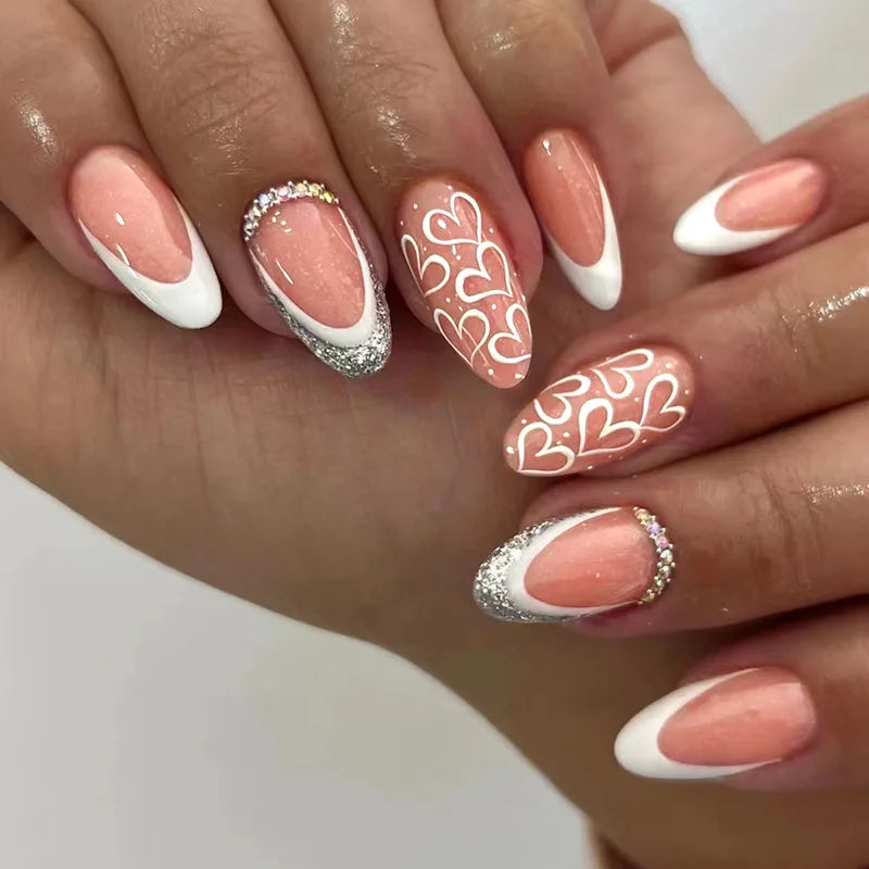 Hnewly 24Pcs Solid Color Grey Almond Fake Nail Cat's Eye Design Wearable Round Head False Nails with Shiny Powder Press on Nails