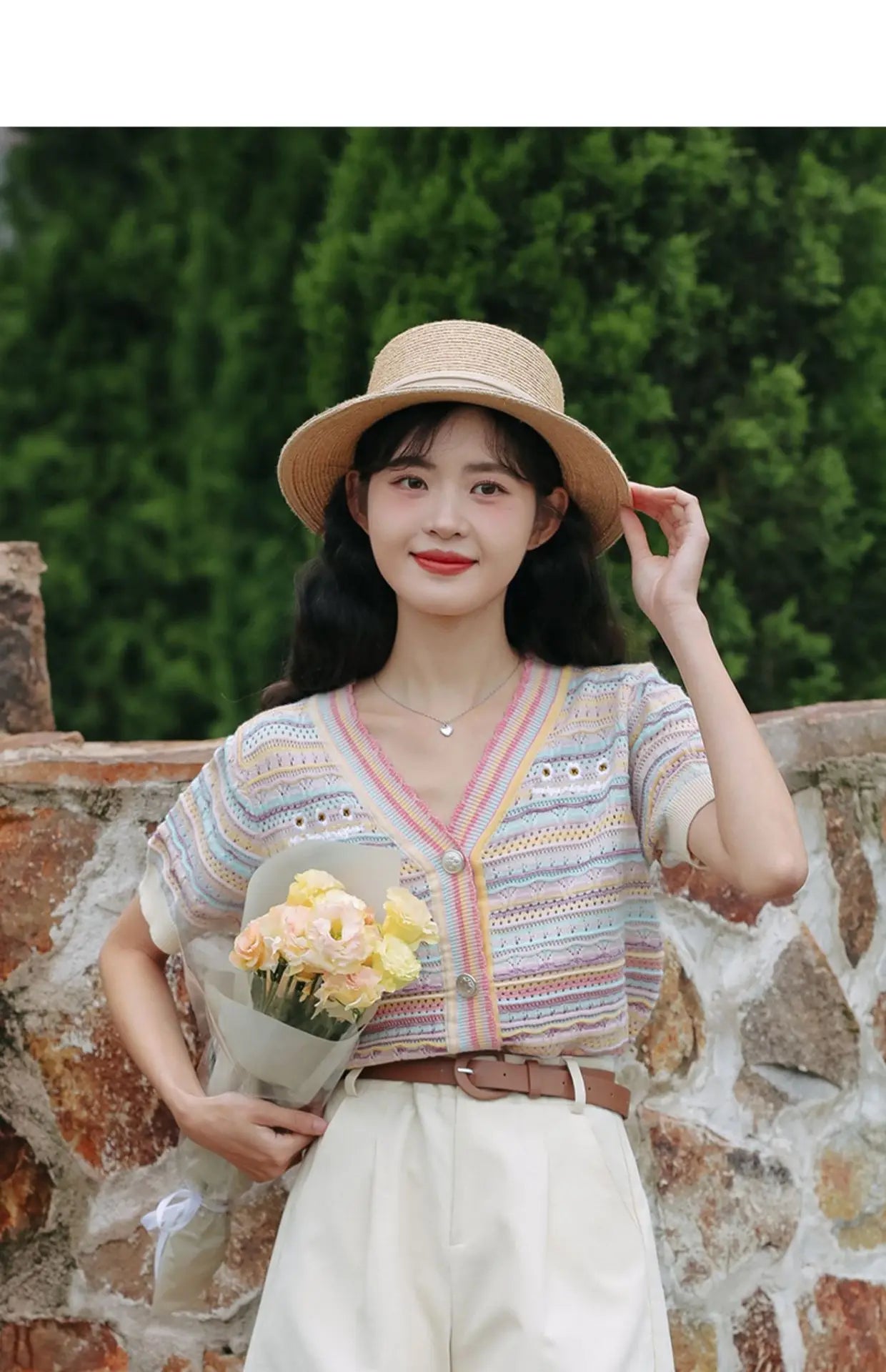 Hnewly Rainbow Striped Knitted Sweater For Women's 2025 Summer New  Thin Short Sleeved V-neck Hollow Out Holiday Sun Protection Top