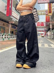 Hnewly  Grunge Black Jeans Women Y2k Vintage Oversized High Street Wide Cargo Denim Trousers Casual Baggy Straight Denim Pants